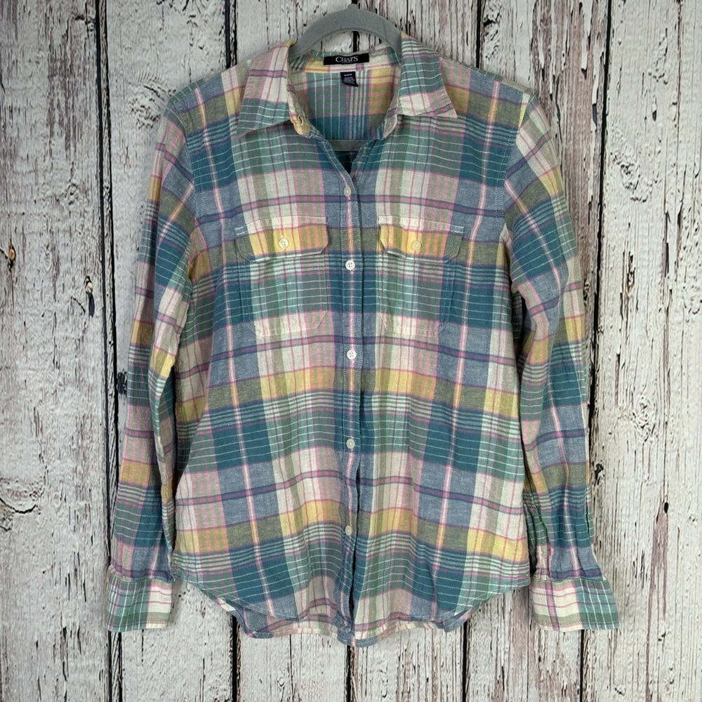 CHAPS Women’s Linen-Blend Button Down Shirt Size‎ Medium Gorgeous Pastel Colors